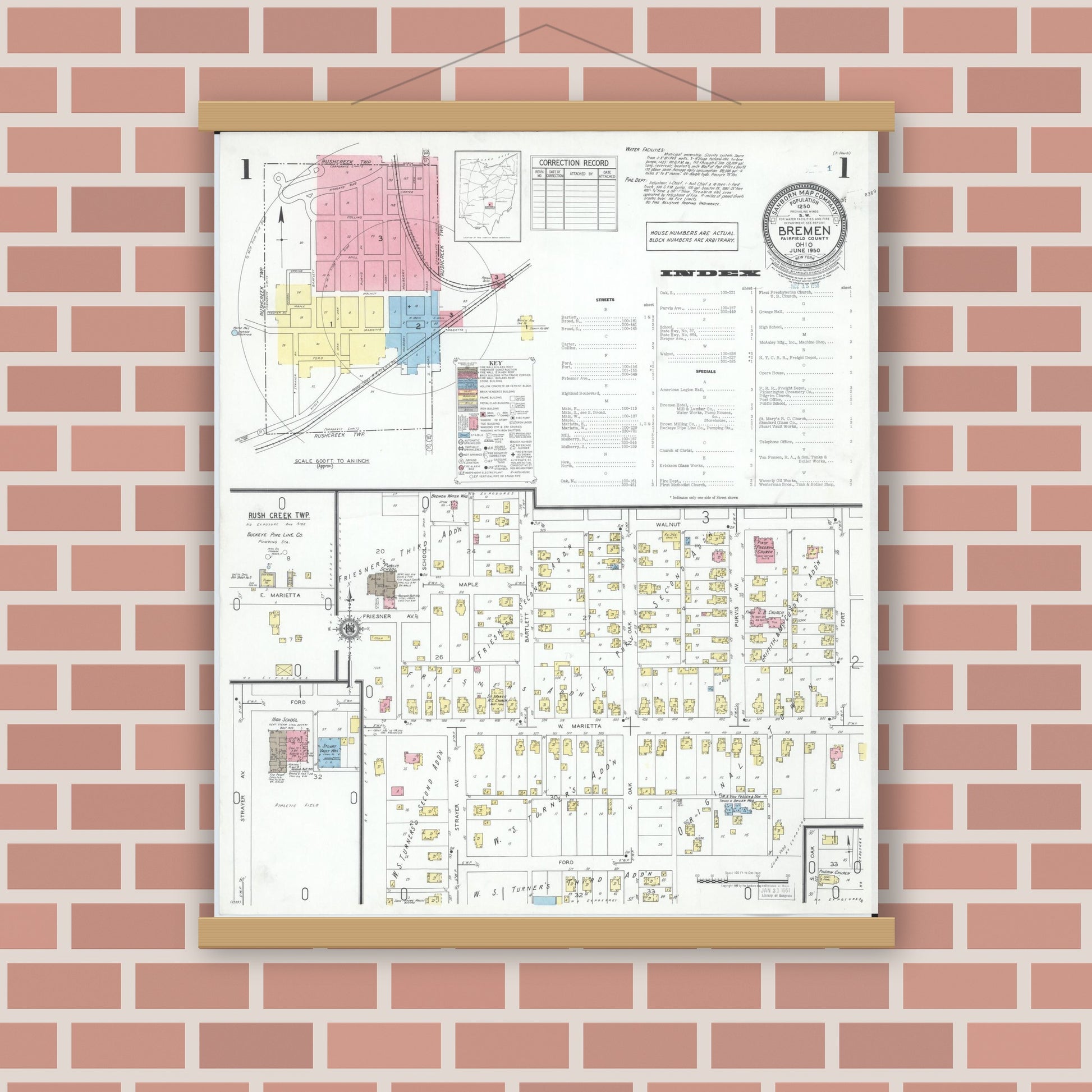 Old map wall art mockup — magnetic wood frame on brick wall — Sanborn Fire Insurance Map from Bremen, Fairfield County, Ohio (1950), Sheet #0001