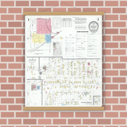 Old map wall art mockup — magnetic wood frame on brick wall — Sanborn Fire Insurance Map from Bremen, Fairfield County, Ohio (1950), Sheet #0001