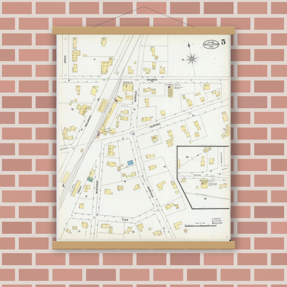 Old map wall art mockup — magnetic wood frame on brick wall — Sanborn Fire Insurance Map from Holliston, Middlesex County, Massachusetts (1901), Sheet #0005