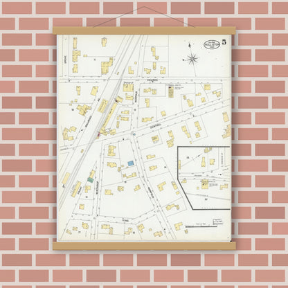 Old map wall art mockup — magnetic wood frame on brick wall — Sanborn Fire Insurance Map from Holliston, Middlesex County, Massachusetts (1901), Sheet #0005