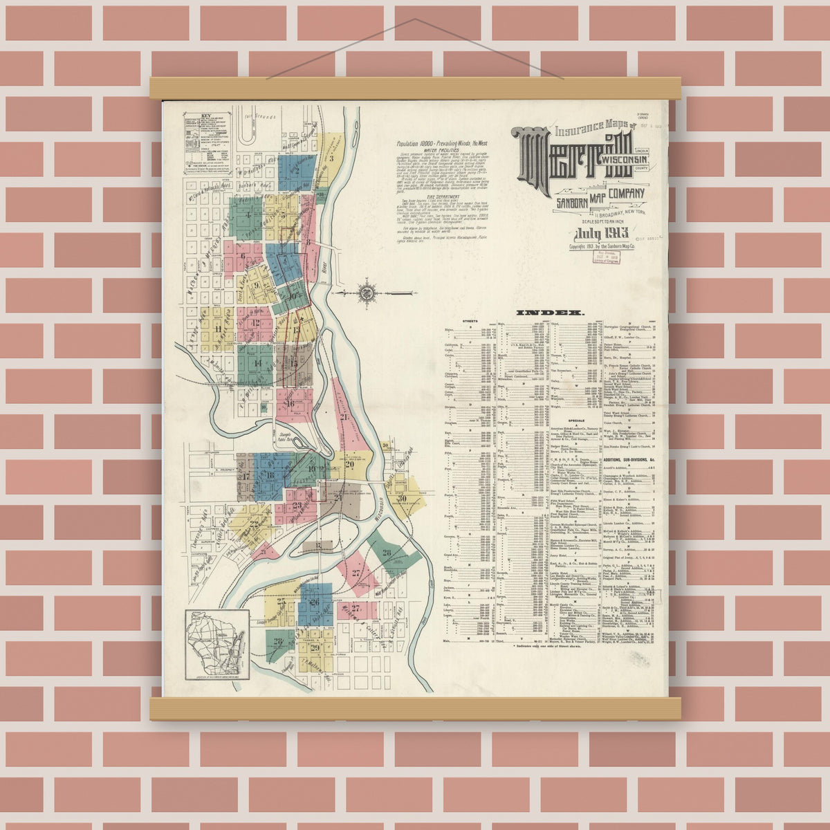 Old map wall art mockup — magnetic wood frame on brick wall — Sanborn Fire Insurance Map from Merrill, Lincoln County, Wisconsin (1913), Sheet #0001
