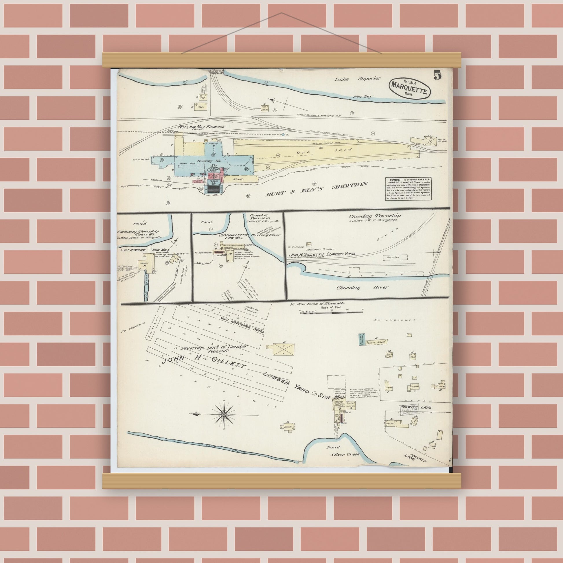 Old map wall art mockup — magnetic wood frame on brick wall — Sanborn Fire Insurance Map from Marquette, Marquette County, Michigan (1884), Sheet #0005
