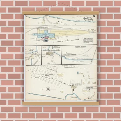 Old map wall art mockup — magnetic wood frame on brick wall — Sanborn Fire Insurance Map from Marquette, Marquette County, Michigan (1884), Sheet #0005
