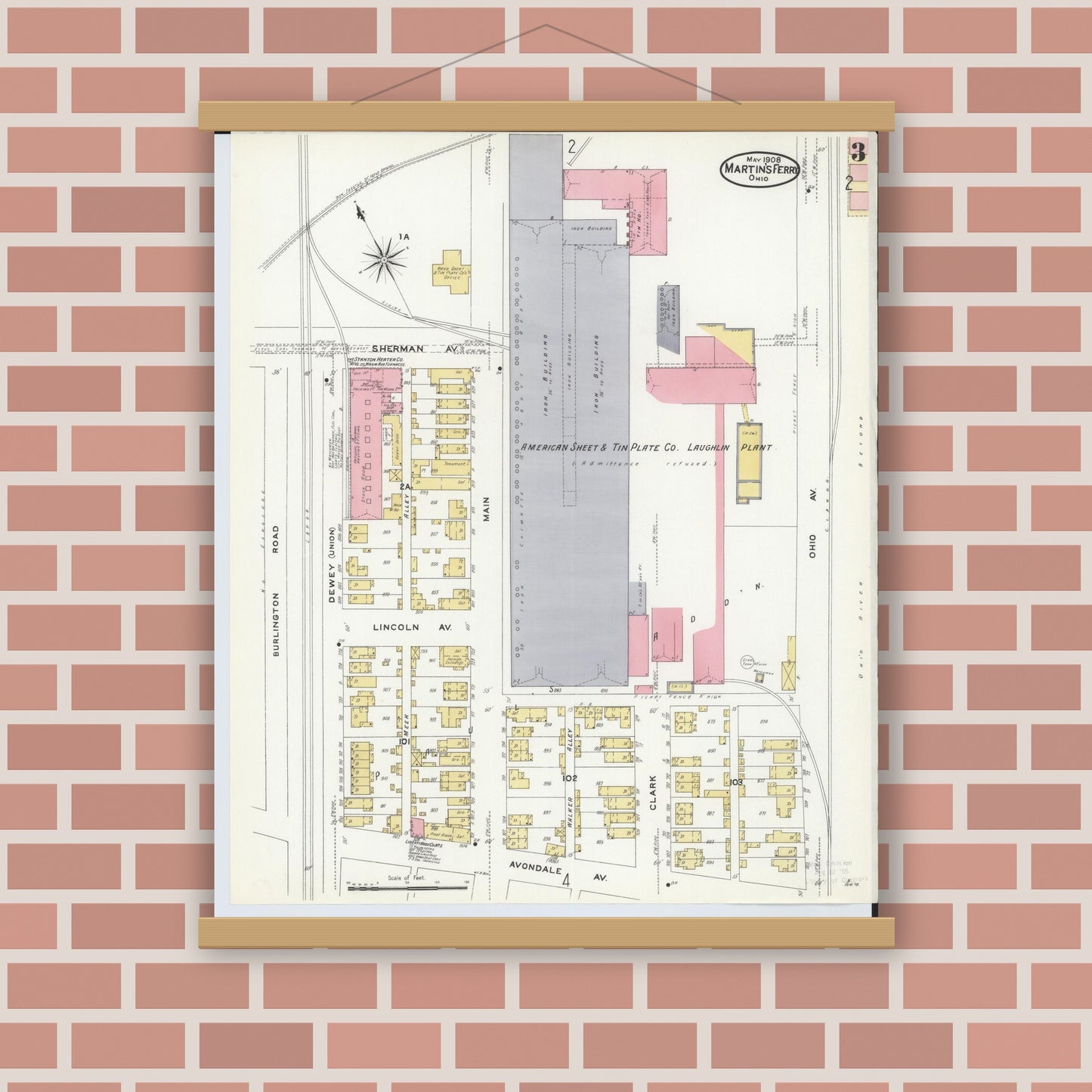 Old map wall art mockup — magnetic wood frame on brick wall — Sanborn Fire Insurance Map from Martins Ferry, Belmont County, Ohio (1908), Sheet #0003