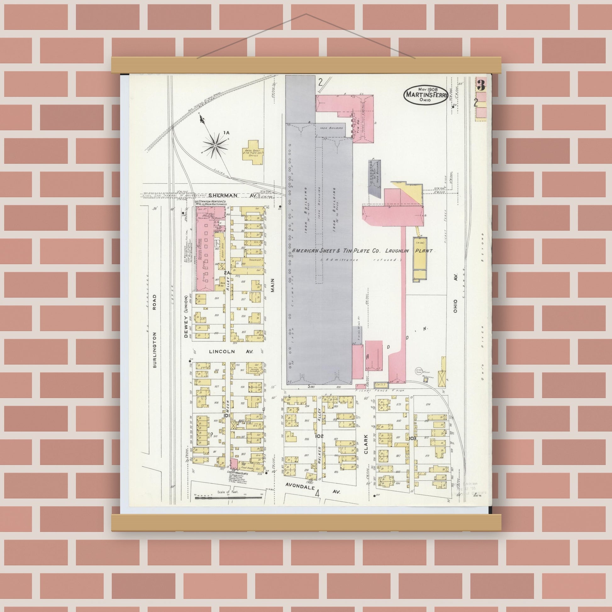 Old map wall art mockup — magnetic wood frame on brick wall — Sanborn Fire Insurance Map from Martins Ferry, Belmont County, Ohio (1908), Sheet #0003