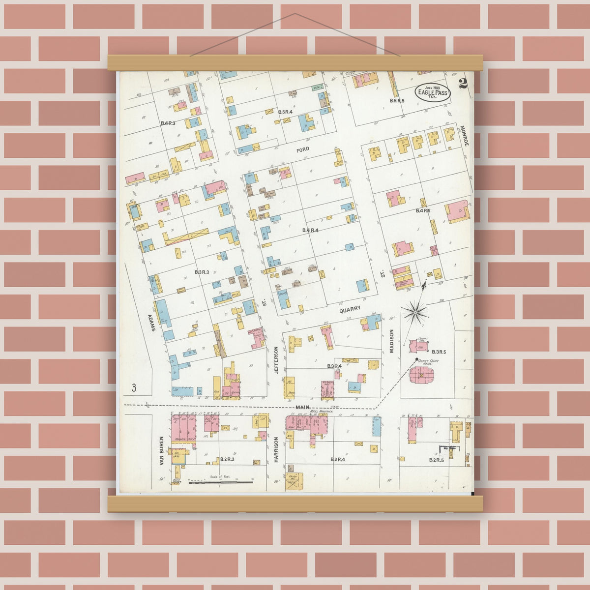 Old map wall art mockup — magnetic wood frame on brick wall — Sanborn Fire Insurance Map from Eagle Pass, Maverick County, Texas (1900), Sheet #0002