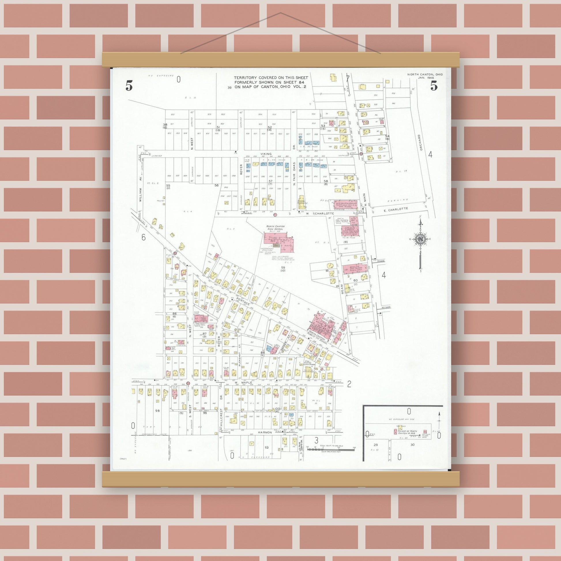 Old map wall art mockup — magnetic wood frame on brick wall — Sanborn Fire Insurance Map from North Canton, Stark County, Ohio (1948), Sheet #0005