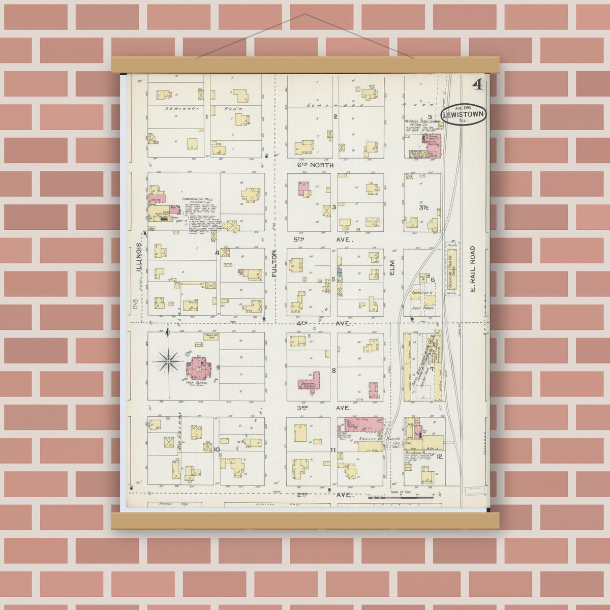 Old map wall art mockup — magnetic wood frame on brick wall — Sanborn Fire Insurance Map from Lewistown, Fulton County, Illinois (1893), Sheet #0004