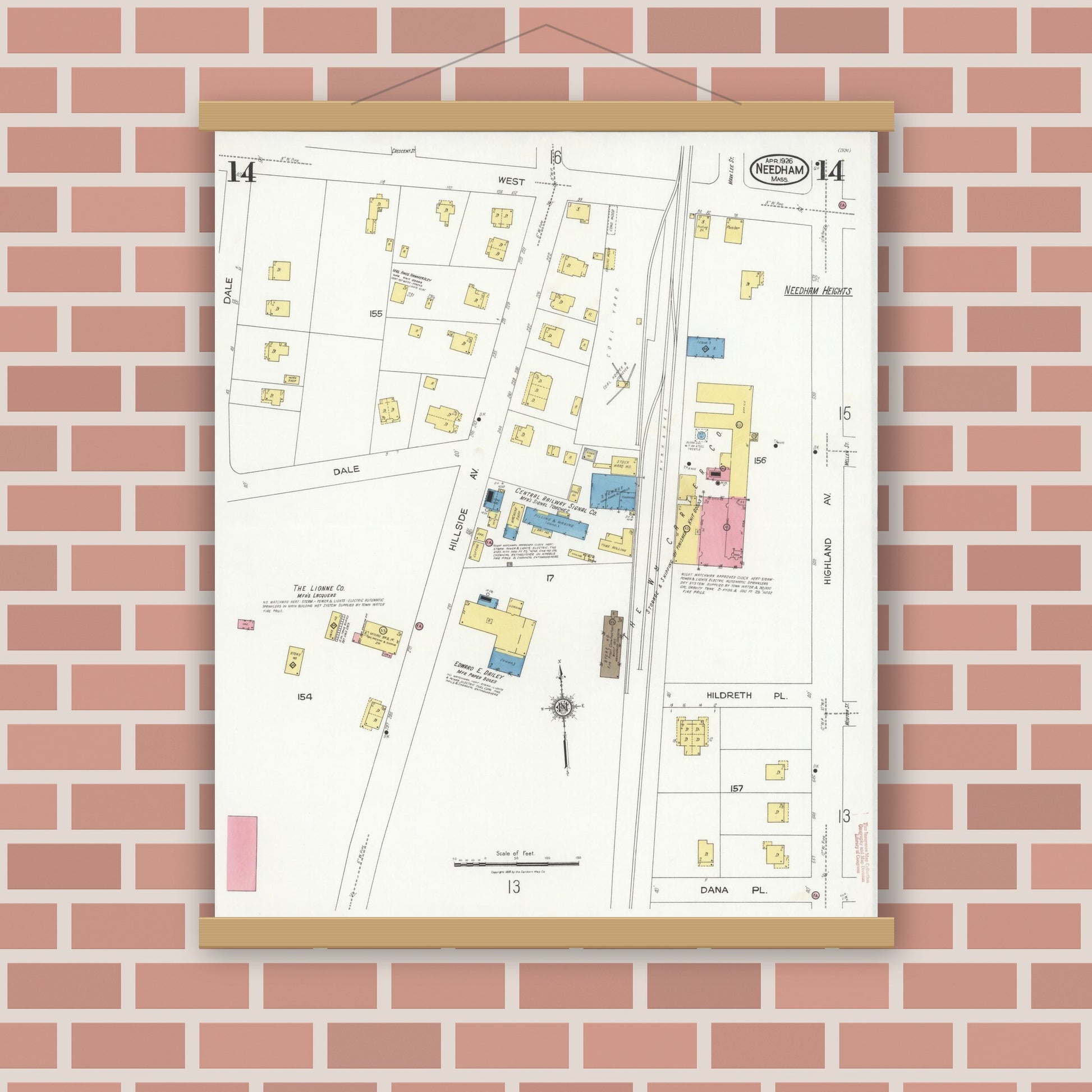 Old map wall art mockup — magnetic wood frame on brick wall — Sanborn Fire Insurance Map from Needham, Norfolk County, Massachusetts (1926), Sheet #0014