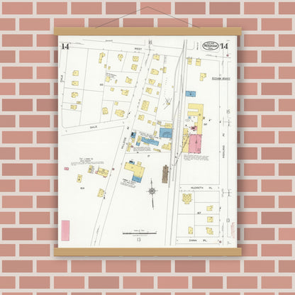 Old map wall art mockup — magnetic wood frame on brick wall — Sanborn Fire Insurance Map from Needham, Norfolk County, Massachusetts (1926), Sheet #0014