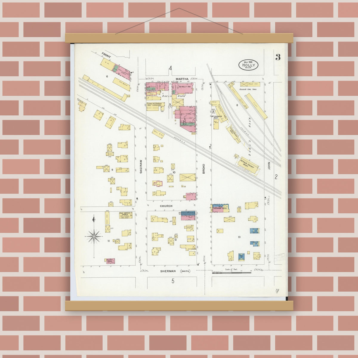 Old map wall art mockup — magnetic wood frame on brick wall — Sanborn Fire Insurance Map from Holly, Oakland County, Michigan (1908), Sheet #0003