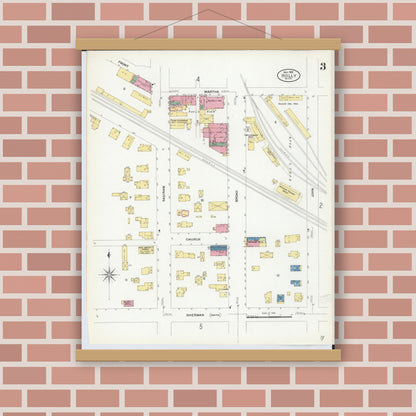 Old map wall art mockup — magnetic wood frame on brick wall — Sanborn Fire Insurance Map from Holly, Oakland County, Michigan (1908), Sheet #0003
