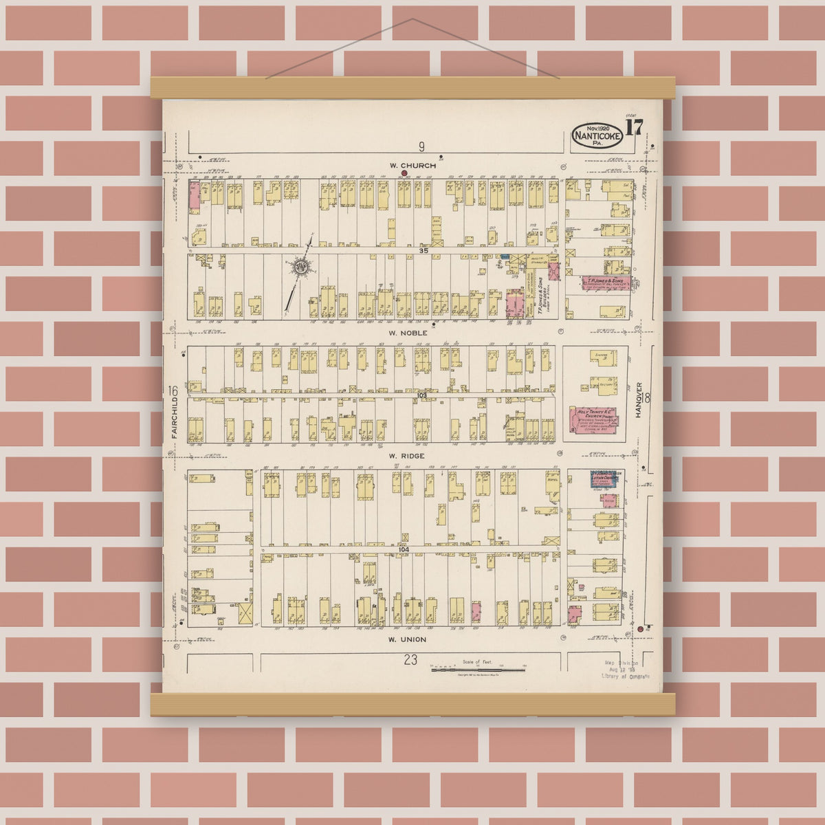 Old map wall art mockup — magnetic wood frame on brick wall — Sanborn Fire Insurance Map from Nanticoke, Luzerne County, Pennsylvania (1920), Sheet #0017