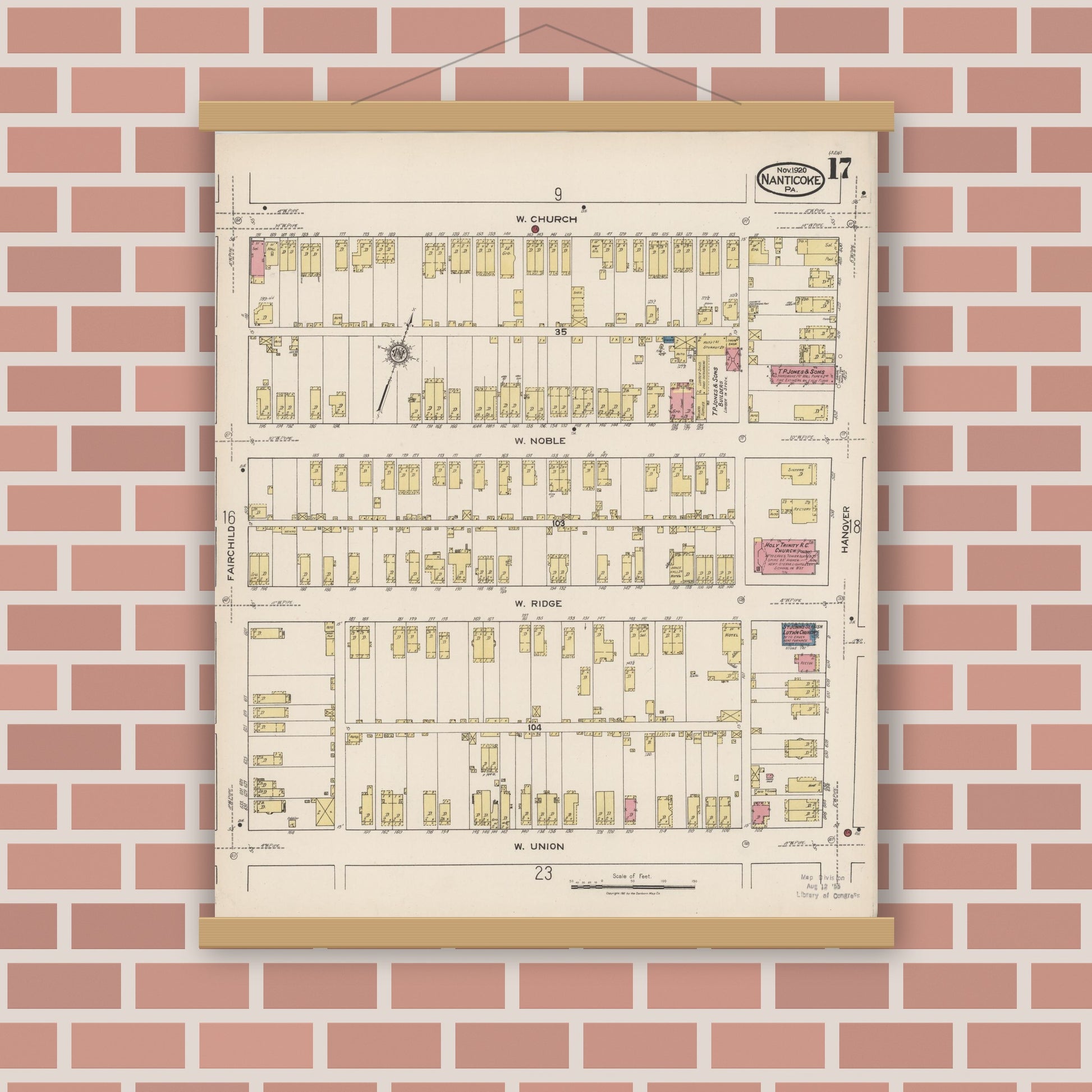 Old map wall art mockup — magnetic wood frame on brick wall — Sanborn Fire Insurance Map from Nanticoke, Luzerne County, Pennsylvania (1920), Sheet #0017