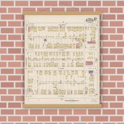Old map wall art mockup — magnetic wood frame on brick wall — Sanborn Fire Insurance Map from Nanticoke, Luzerne County, Pennsylvania (1920), Sheet #0017