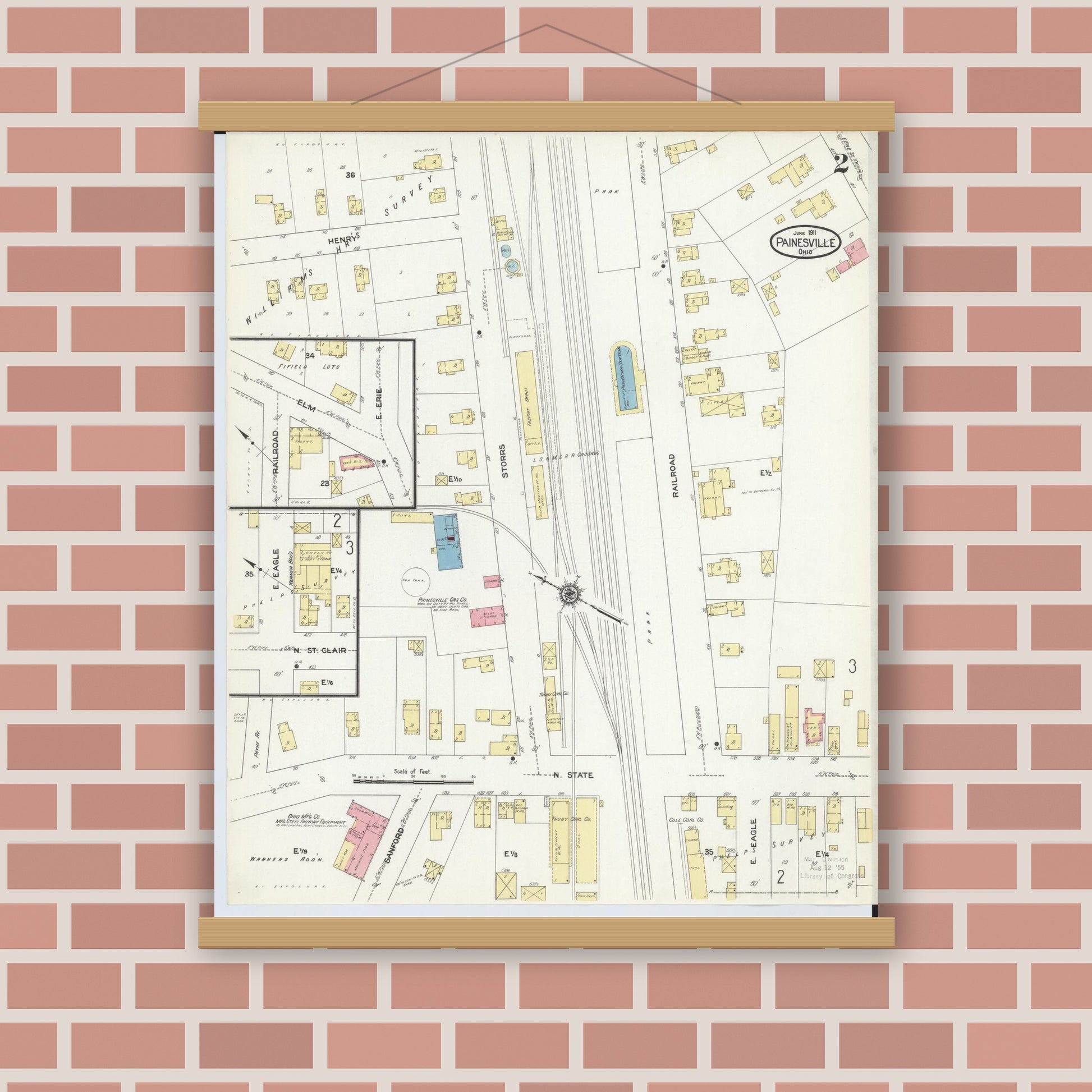 Old map wall art mockup — magnetic wood frame on brick wall — Sanborn Fire Insurance Map from Painesville, Lake County, Ohio (1911), Sheet #0002