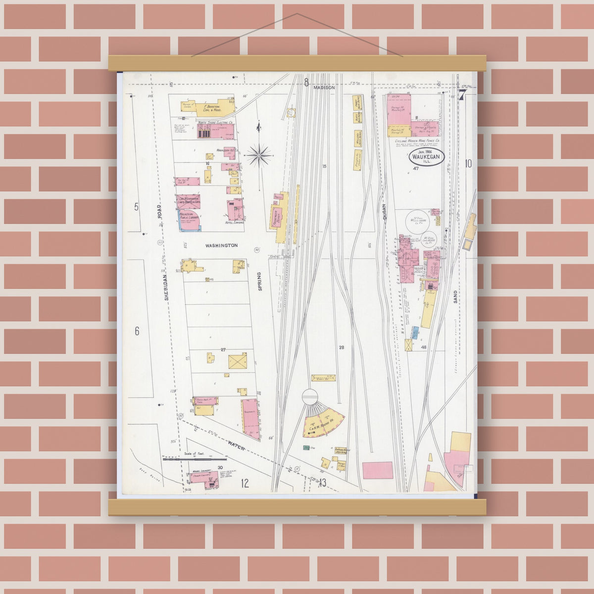Old map wall art mockup — magnetic wood frame on brick wall — Sanborn Fire Insurance Map from Waukegan, Lake County, Illinois (1906), Sheet #0007