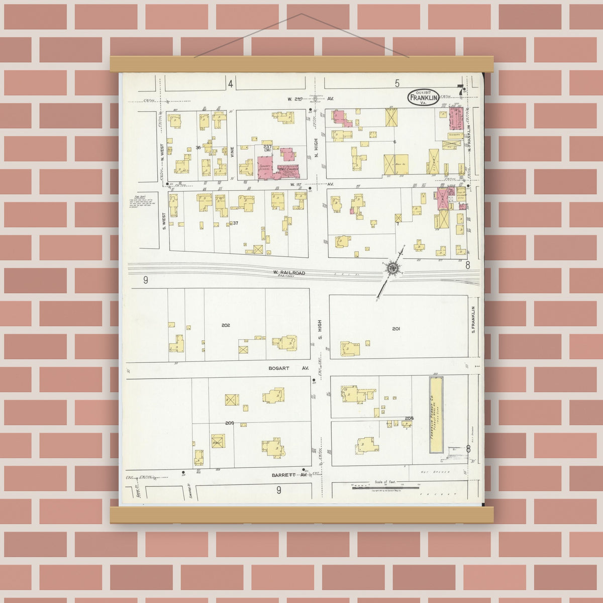 Old map wall art mockup — magnetic wood frame on brick wall — Sanborn Fire Insurance Map from Franklin, Independent Cities, Virginia (1917), Sheet #0007