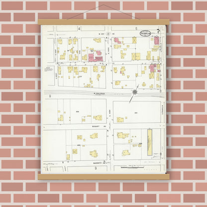Old map wall art mockup — magnetic wood frame on brick wall — Sanborn Fire Insurance Map from Franklin, Independent Cities, Virginia (1917), Sheet #0007