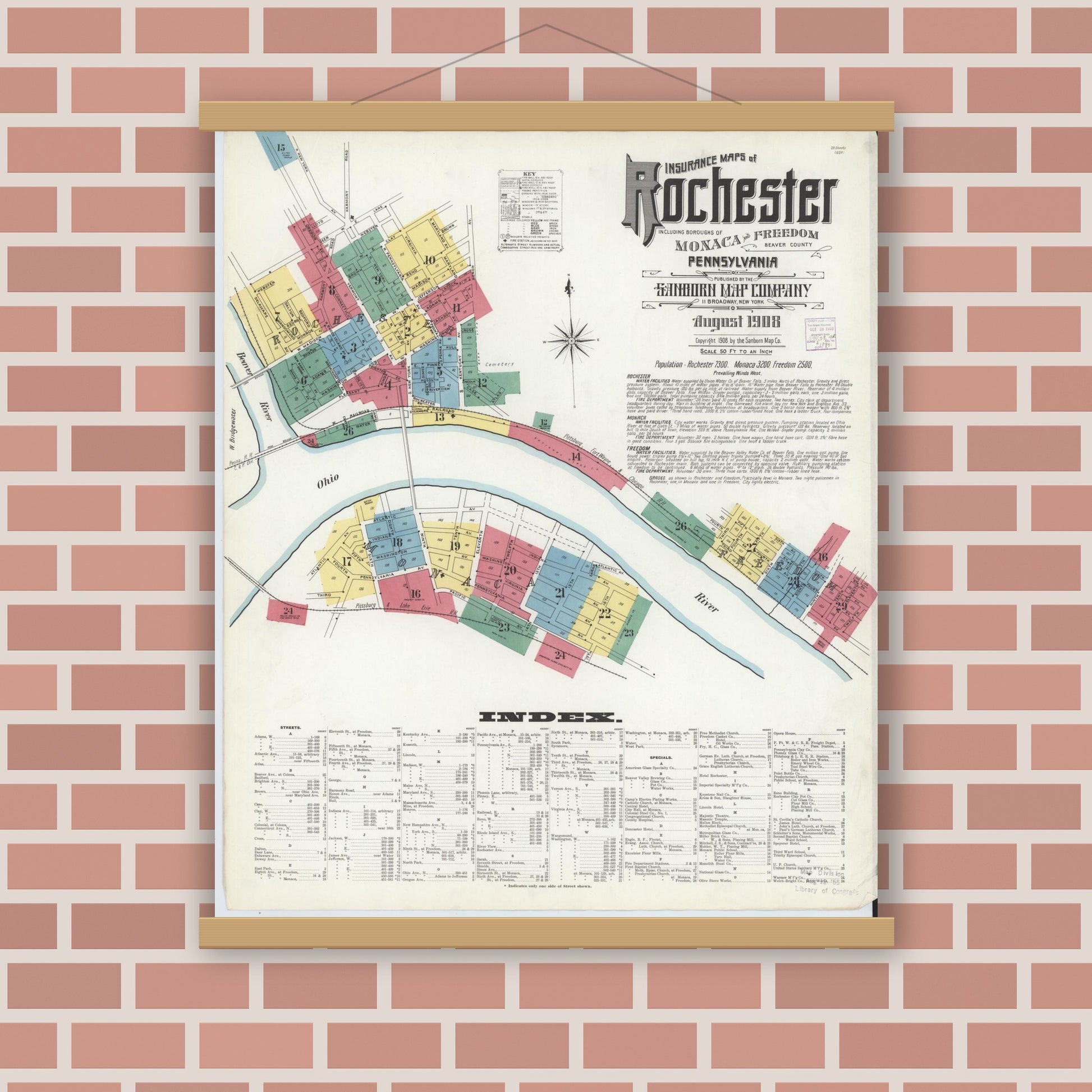 Old map wall art mockup — magnetic wood frame on brick wall — Sanborn Fire Insurance Map from Rochester, Beaver County, Pennsylvania (1908) - Complete Map Set