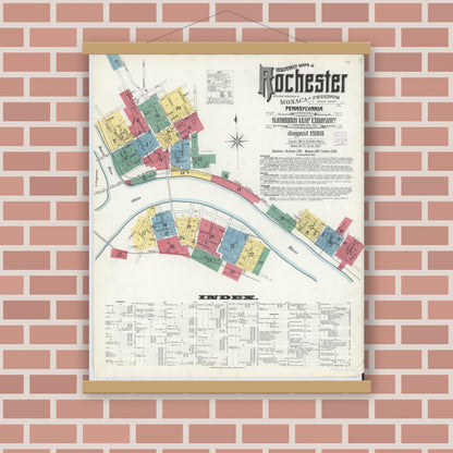Old map wall art mockup — magnetic wood frame on brick wall — Sanborn Fire Insurance Map from Rochester, Beaver County, Pennsylvania (1908) - Complete Map Set