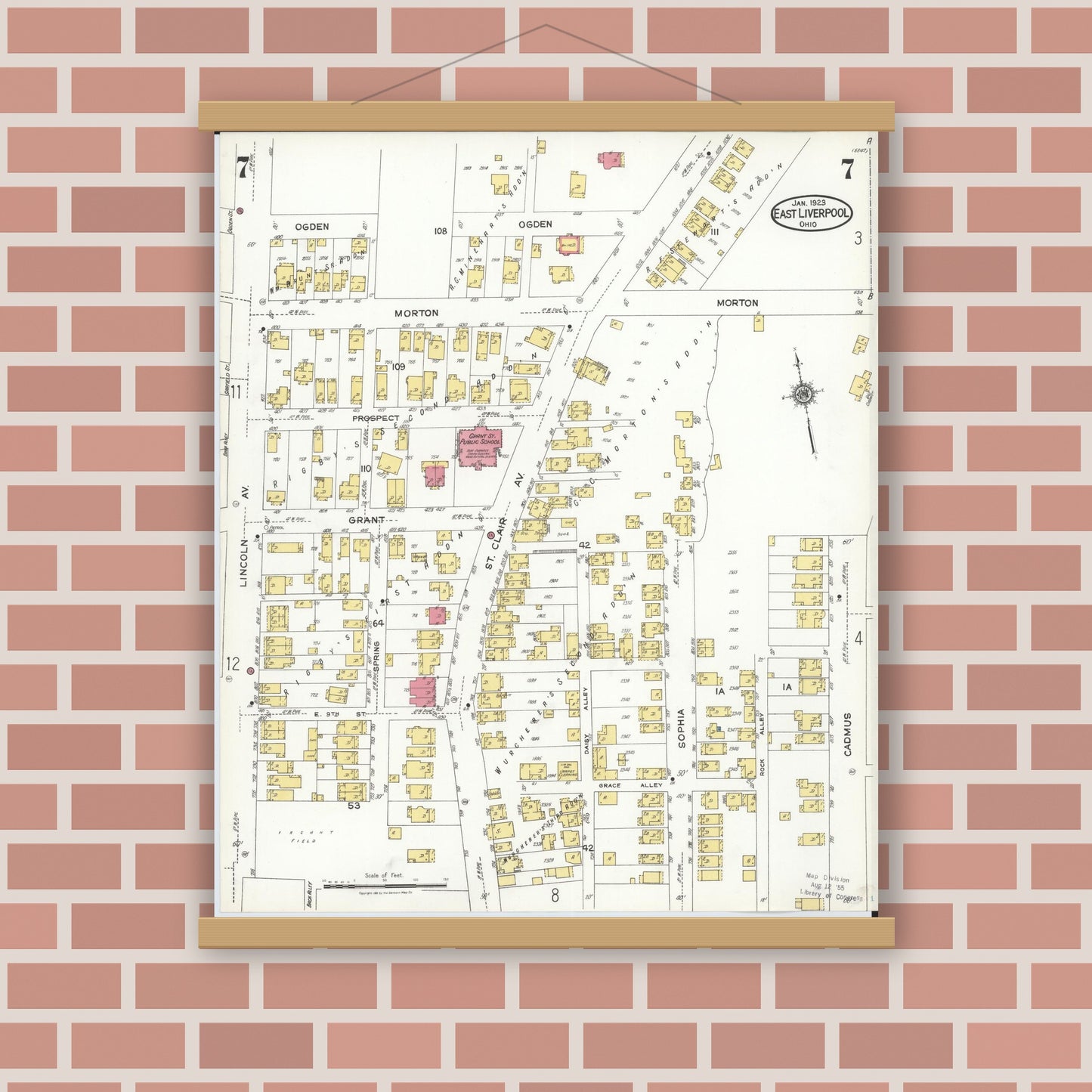 Old map wall art mockup — magnetic wood frame on brick wall — Sanborn Fire Insurance Map from East Liverpool, Columbiana County, Ohio (1923), Sheet #0007