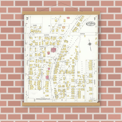 Old map wall art mockup — magnetic wood frame on brick wall — Sanborn Fire Insurance Map from East Liverpool, Columbiana County, Ohio (1923), Sheet #0007