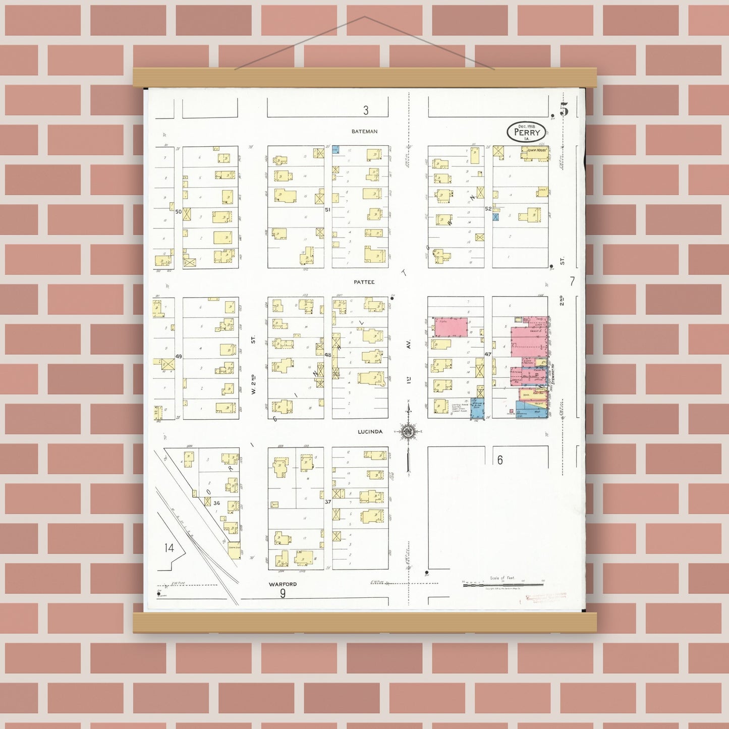 Old map wall art mockup — magnetic wood frame on brick wall — Sanborn Fire Insurance Map from Perry, Dallas County, Iowa (1918), Sheet #0005