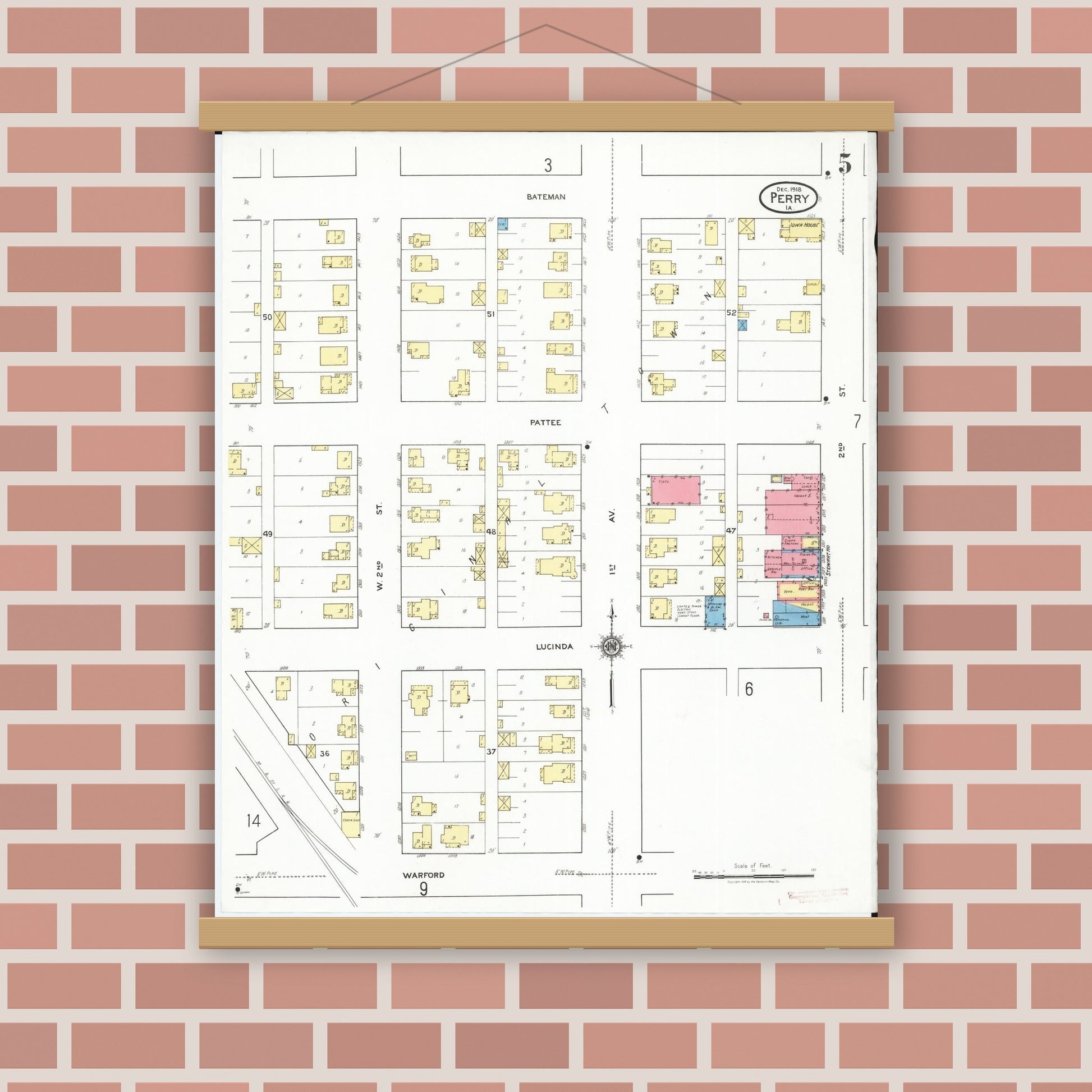 Old map wall art mockup — magnetic wood frame on brick wall — Sanborn Fire Insurance Map from Perry, Dallas County, Iowa (1918), Sheet #0005