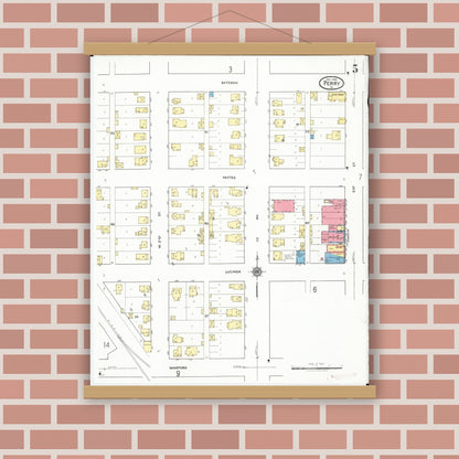Old map wall art mockup — magnetic wood frame on brick wall — Sanborn Fire Insurance Map from Perry, Dallas County, Iowa (1918), Sheet #0005