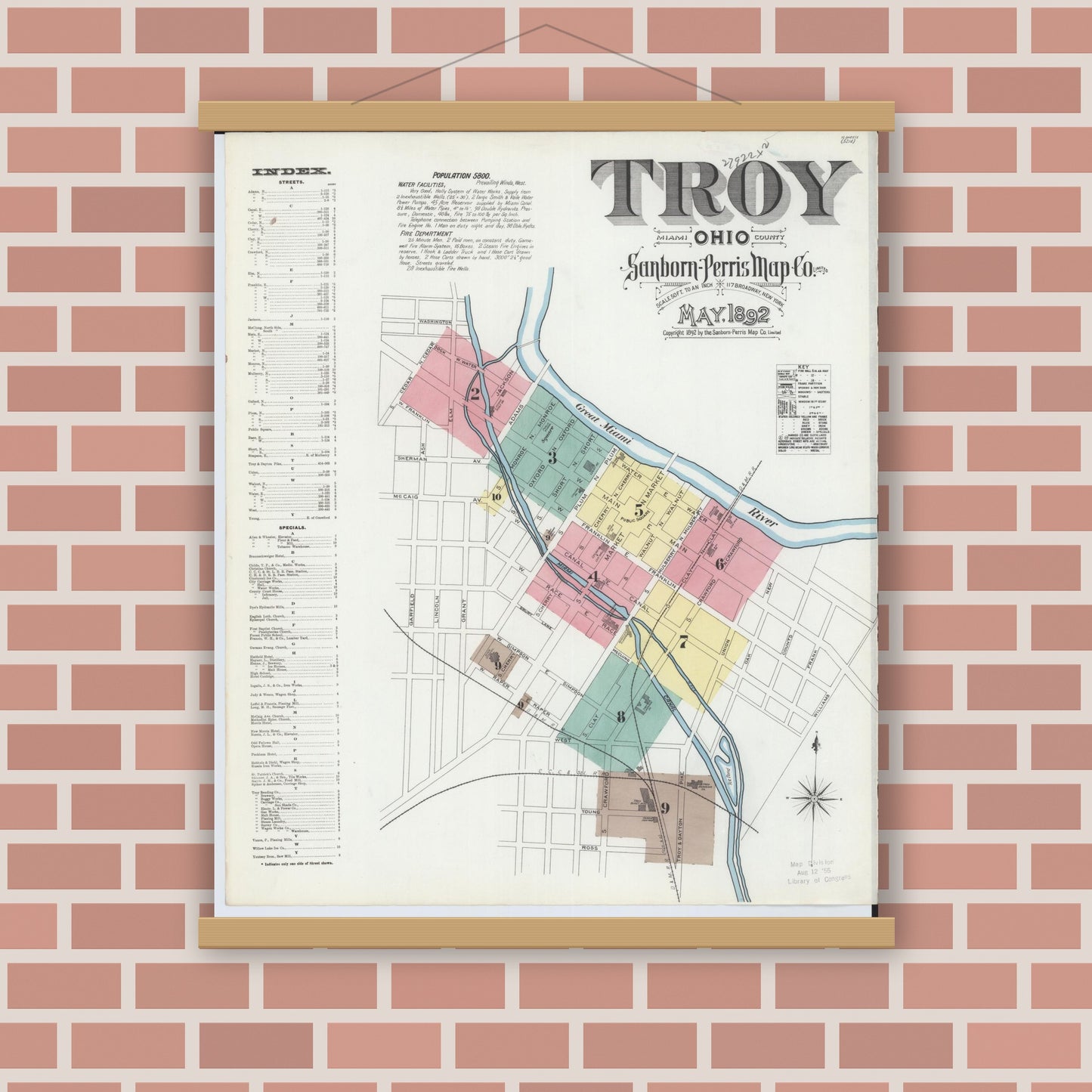 Old map wall art mockup — magnetic wood frame on brick wall — Sanborn Fire Insurance Map from Troy, Miami County, Ohio (1892) - Complete Map Set
