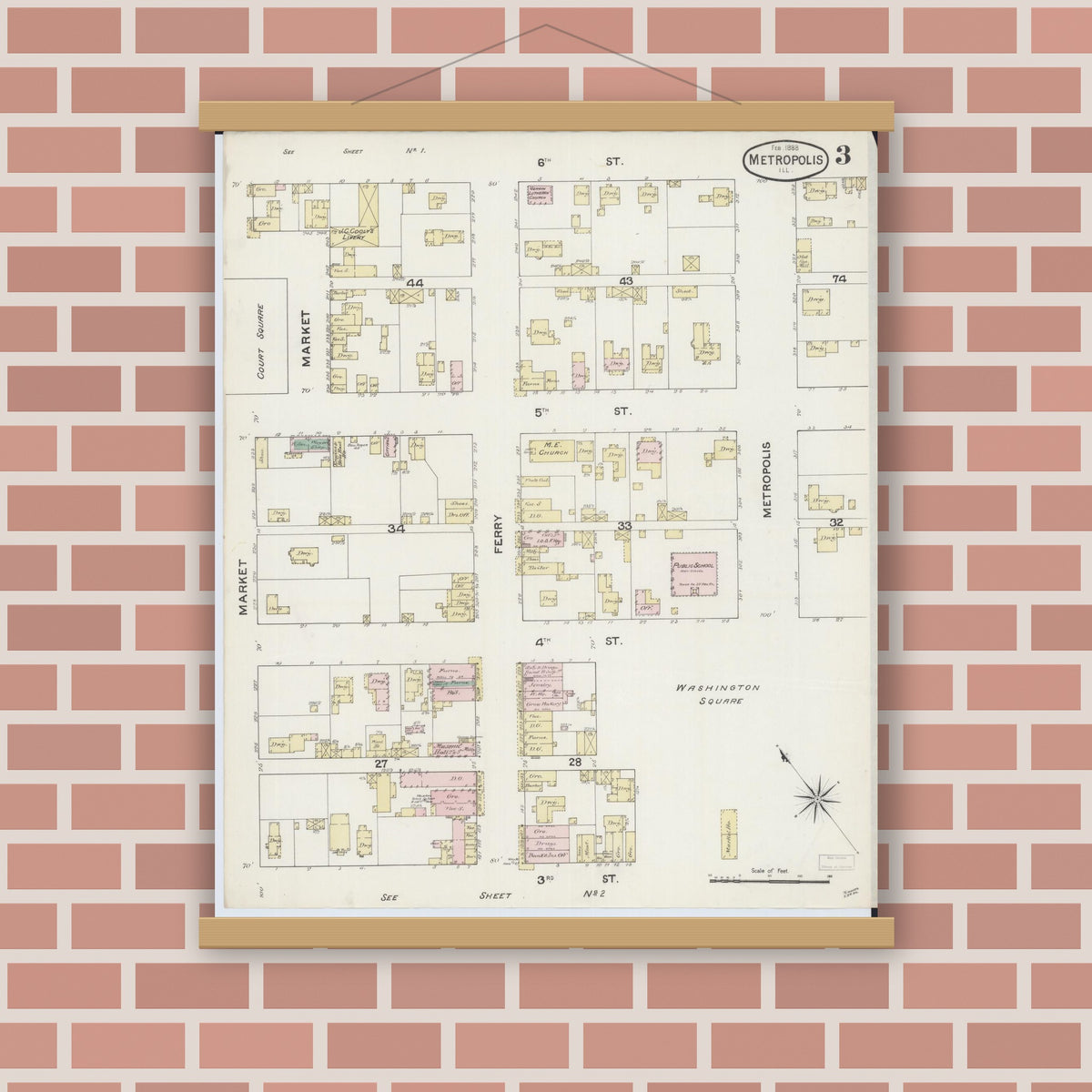 Old map wall art mockup — magnetic wood frame on brick wall — Sanborn Fire Insurance Map from Metropolis, Massac County, Illinois (1888), Sheet #0003