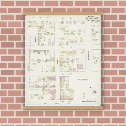Old map wall art mockup — magnetic wood frame on brick wall — Sanborn Fire Insurance Map from Metropolis, Massac County, Illinois (1888), Sheet #0003