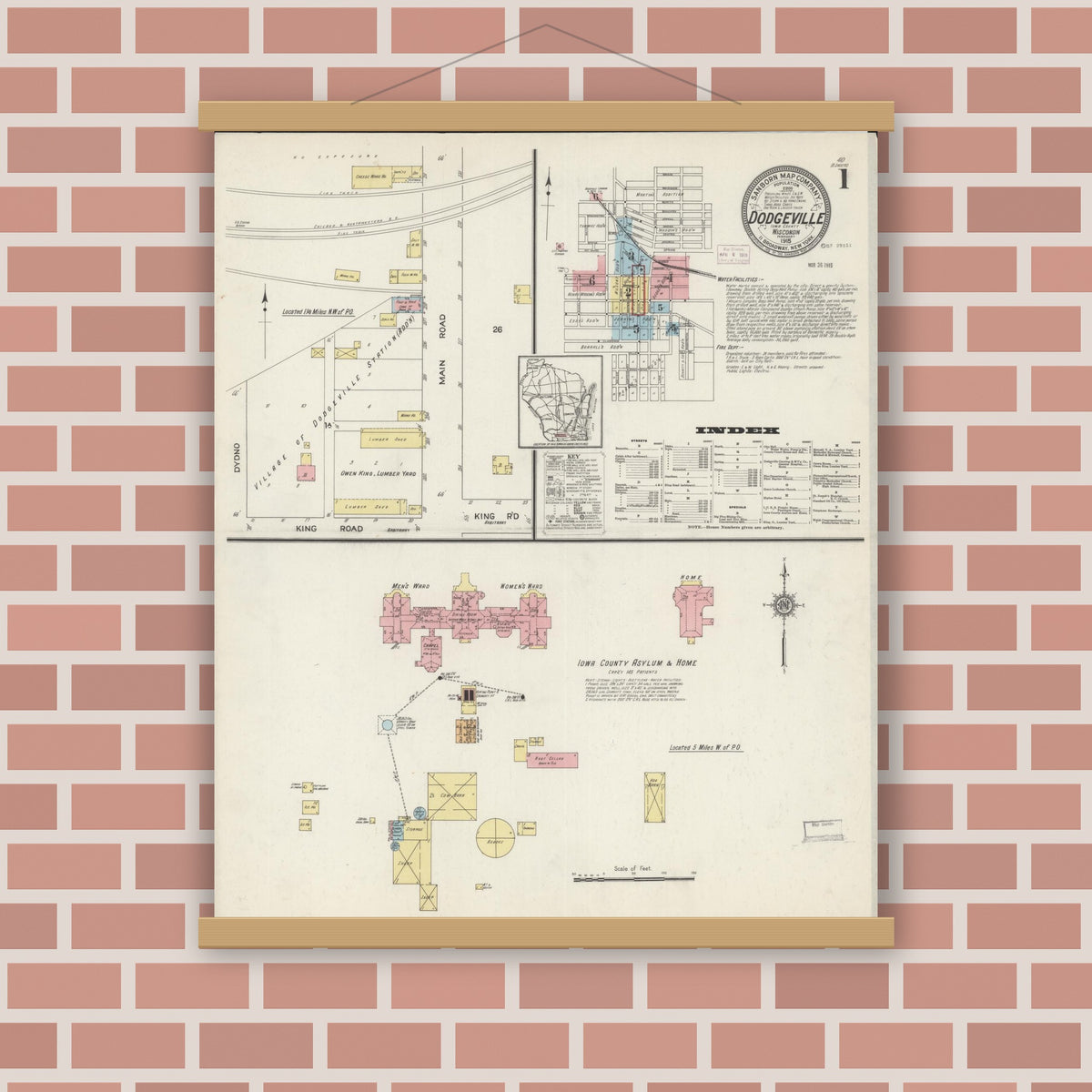 Old map wall art mockup — magnetic wood frame on brick wall — Sanborn Fire Insurance Map from Dodgeville, Iowa County, Wisconsin (1915) - Complete Map Set