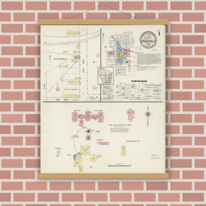 Old map wall art mockup — magnetic wood frame on brick wall — Sanborn Fire Insurance Map from Dodgeville, Iowa County, Wisconsin (1915) - Complete Map Set