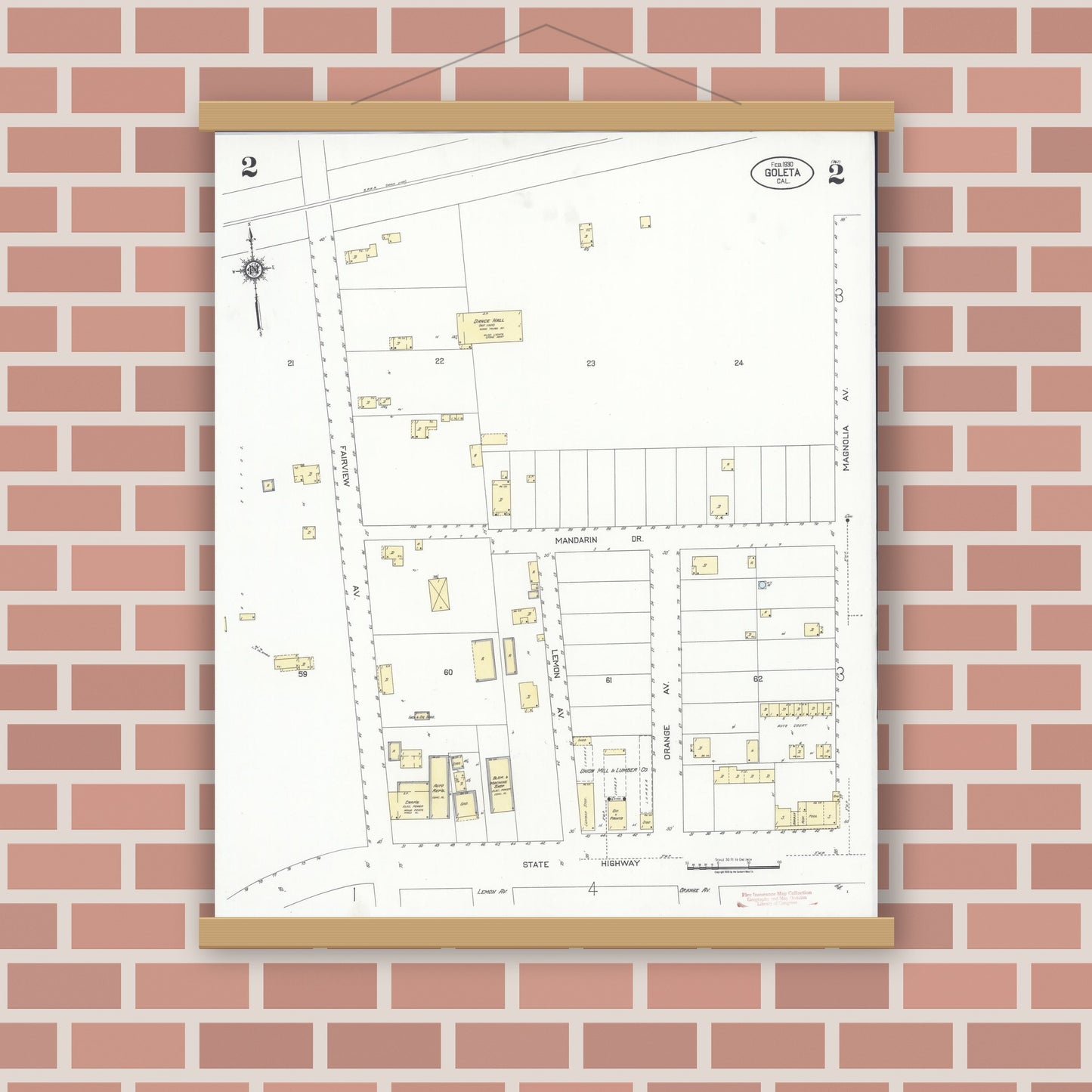 Old map wall art mockup — magnetic wood frame on brick wall — Sanborn Fire Insurance Map from Goleta, Santa Barbara County, California (1930), Sheet #0002