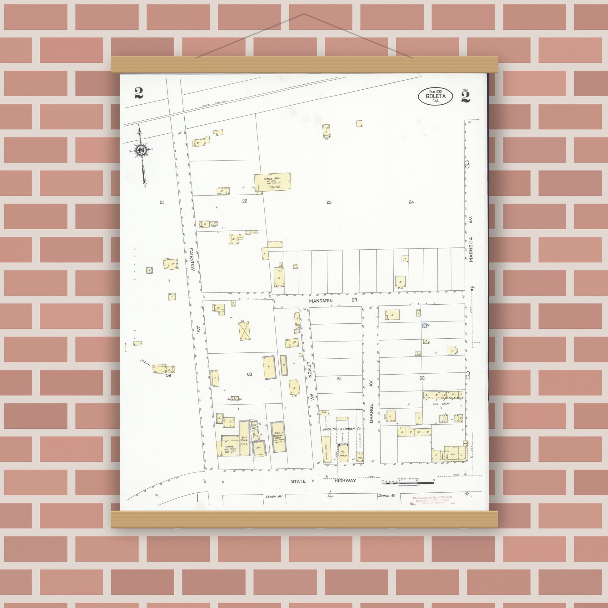 Old map wall art mockup — magnetic wood frame on brick wall — Sanborn Fire Insurance Map from Goleta, Santa Barbara County, California (1930), Sheet #0002