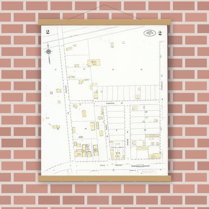 Old map wall art mockup — magnetic wood frame on brick wall — Sanborn Fire Insurance Map from Goleta, Santa Barbara County, California (1930), Sheet #0002
