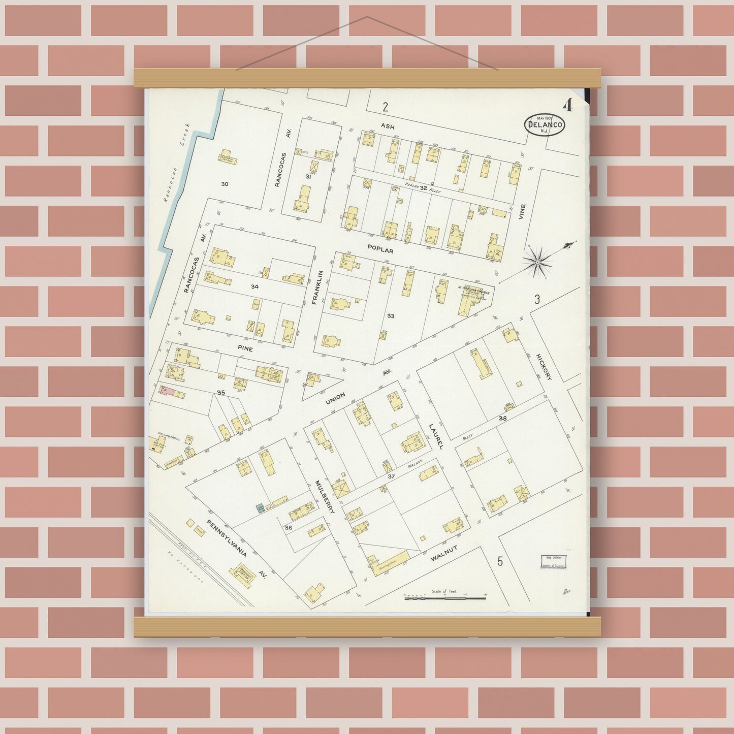 Old map wall art mockup — magnetic wood frame on brick wall — Sanborn Fire Insurance Map from Delanco, Burlington County, New Jersey (1909), Sheet #0004