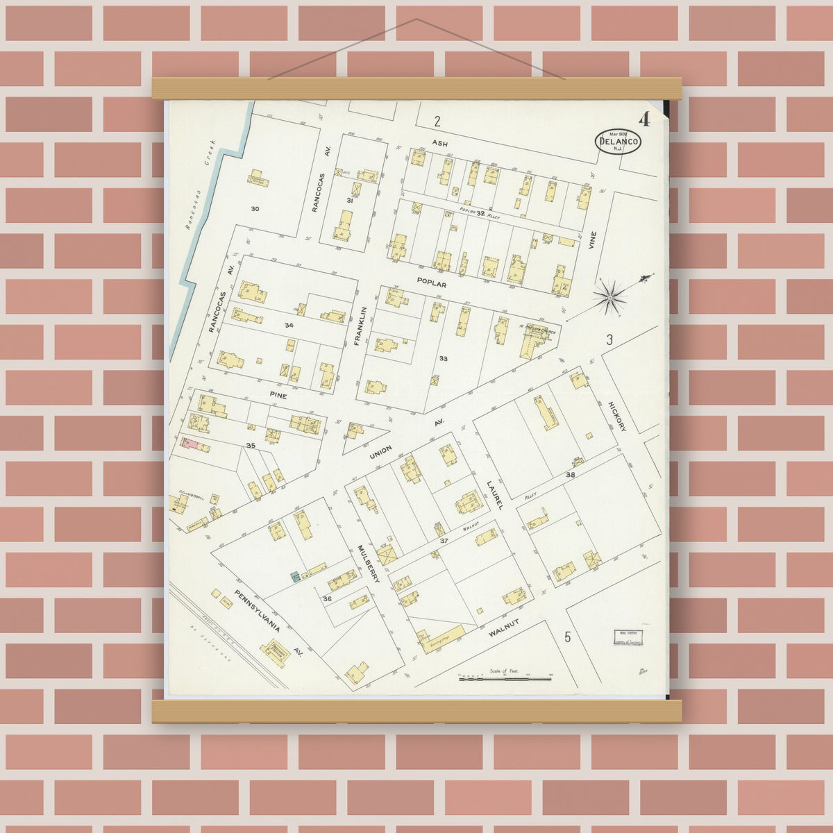 Old map wall art mockup — magnetic wood frame on brick wall — Sanborn Fire Insurance Map from Delanco, Burlington County, New Jersey (1909), Sheet #0004