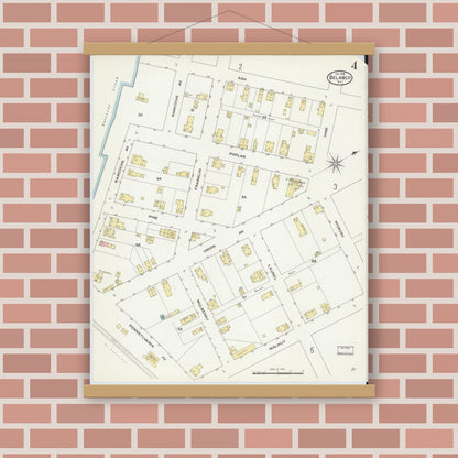 Old map wall art mockup — magnetic wood frame on brick wall — Sanborn Fire Insurance Map from Delanco, Burlington County, New Jersey (1909), Sheet #0004