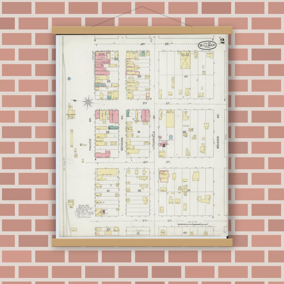 Old map wall art mockup — magnetic wood frame on brick wall — Sanborn Fire Insurance Map from Willmar, Kandiyohi County, Minnesota (1893), Sheet #0002