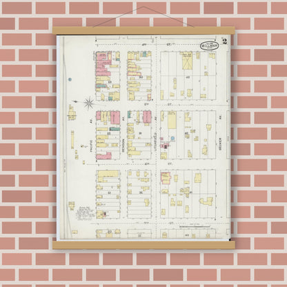 Old map wall art mockup — magnetic wood frame on brick wall — Sanborn Fire Insurance Map from Willmar, Kandiyohi County, Minnesota (1893), Sheet #0002
