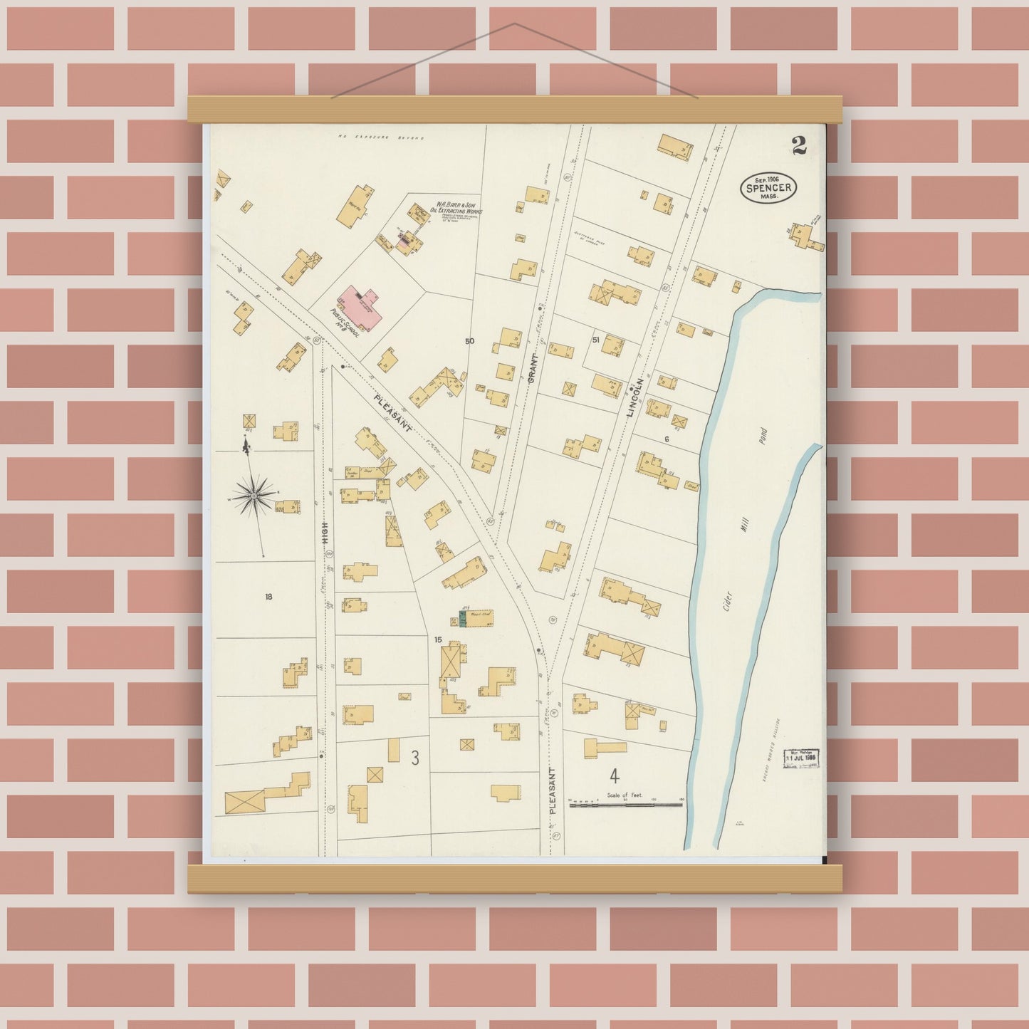 Old map wall art mockup — magnetic wood frame on brick wall — Sanborn Fire Insurance Map from Spencer, Worcester County, Massachusetts (1906), Sheet #0002