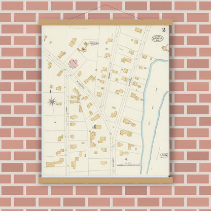 Old map wall art mockup — magnetic wood frame on brick wall — Sanborn Fire Insurance Map from Spencer, Worcester County, Massachusetts (1906), Sheet #0002