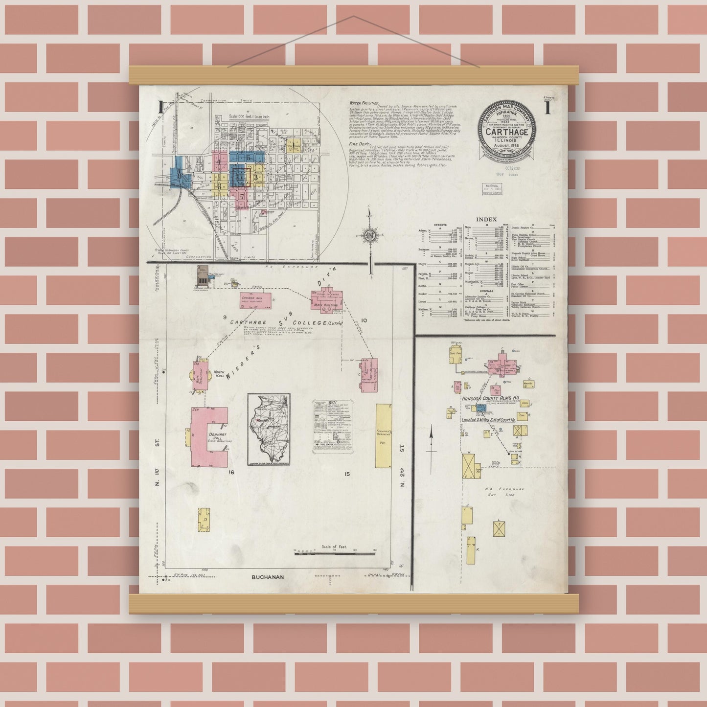 Old map wall art mockup — magnetic wood frame on brick wall — Sanborn Fire Insurance Map from Carthage, Hancock County, Illinois (1926) - Complete Map Set
