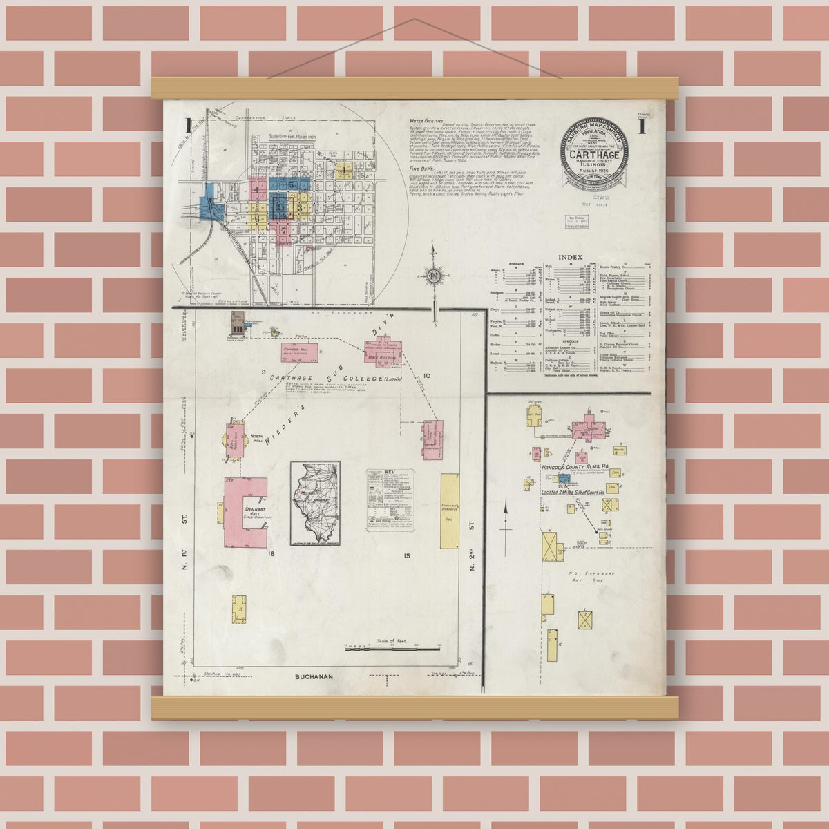 Old map wall art mockup — magnetic wood frame on brick wall — Sanborn Fire Insurance Map from Carthage, Hancock County, Illinois (1926) - Complete Map Set