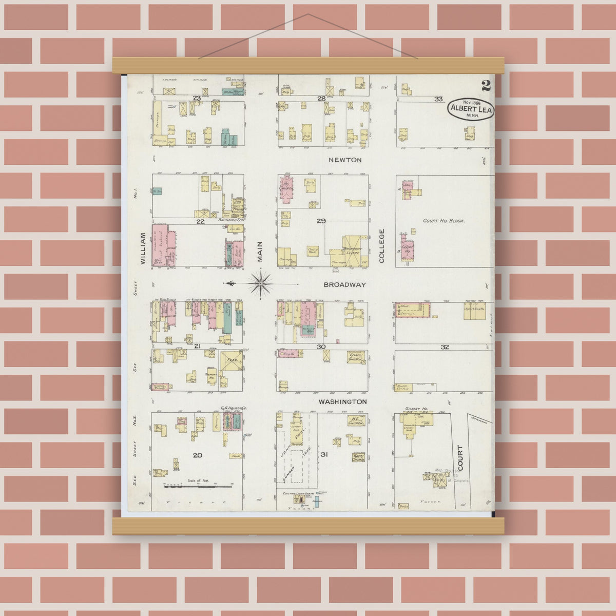 Old map wall art mockup — magnetic wood frame on brick wall — Sanborn Fire Insurance Map from Albert Lea, Freeborn County, Minnesota (1886), Sheet #0002