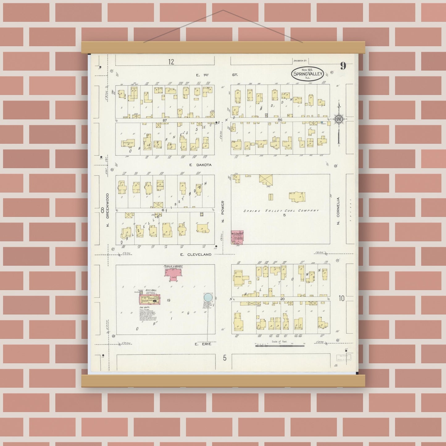 Old map wall art mockup — magnetic wood frame on brick wall — Sanborn Fire Insurance Map from Spring Valley, Bureau County, Illinois (1913), Sheet #0009