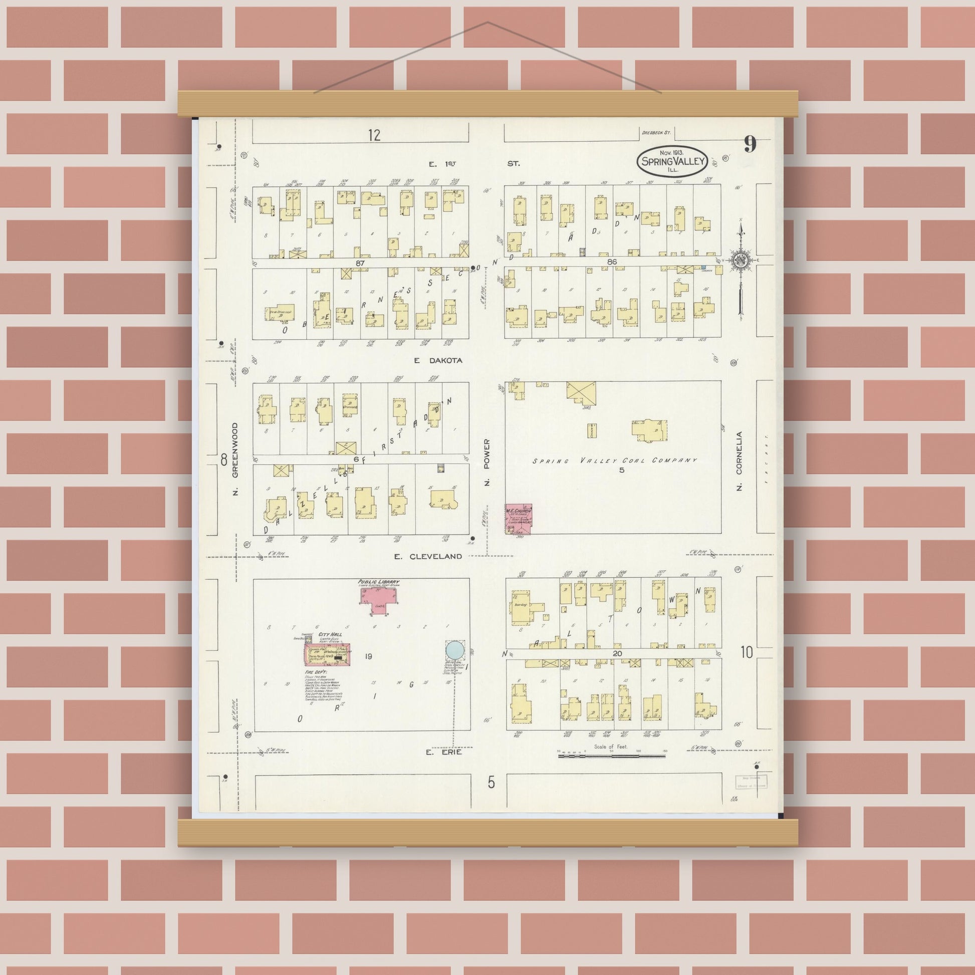 Old map wall art mockup — magnetic wood frame on brick wall — Sanborn Fire Insurance Map from Spring Valley, Bureau County, Illinois (1913), Sheet #0009